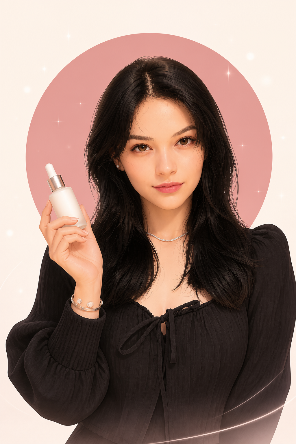 Mascote da Real K-beauty inspirada na fundadora segurando um sérum